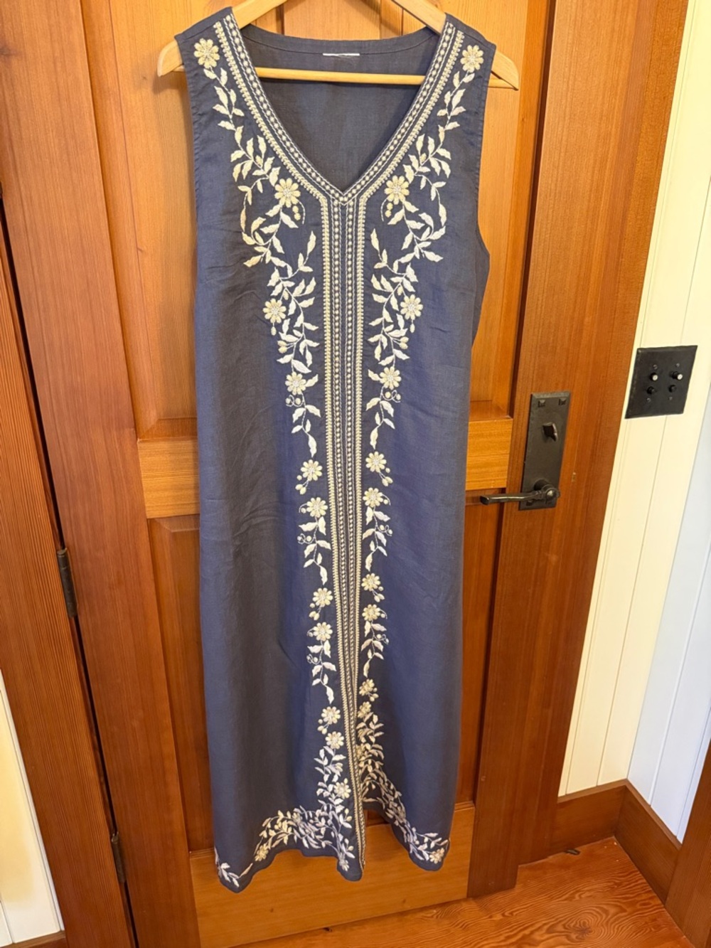 100% Linen Sleeveless Navy Maxi Dress with Cream Floral Embroidery